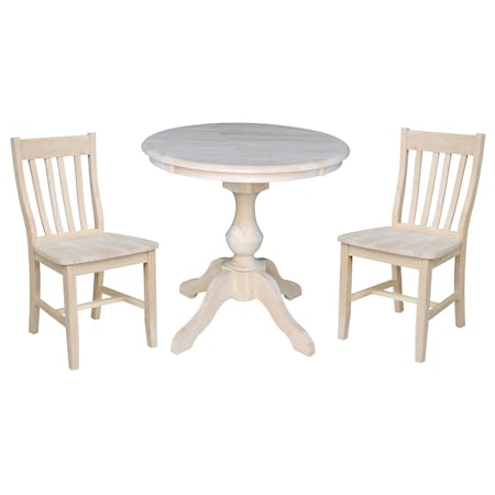 International Concepts Round 30 in Round Top Pedestal Table, with 2 Cafe Chairs, Unfinished, 30 in W, 30 in L, 28.9 in H K-30RT-11B-C61-2